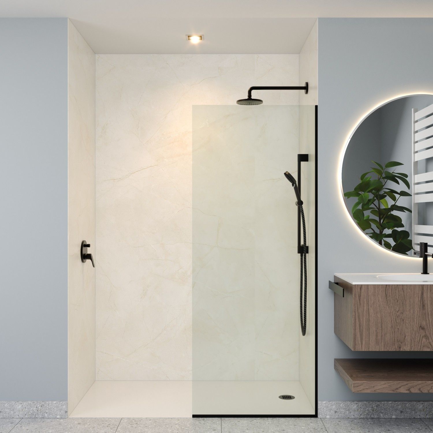 Kona fully recessed shower with Crema Marfil porcelain walls, a single fixed glass panel, and white flush pan