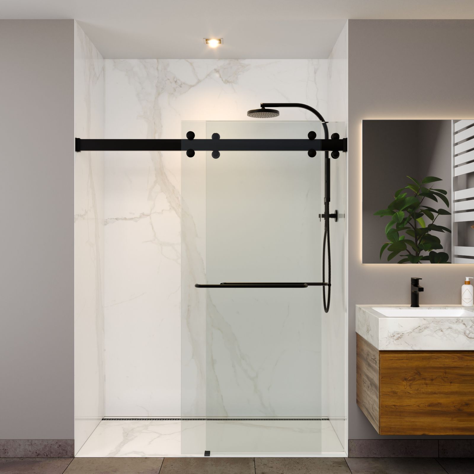 Moana flush curbless shower with white marble walls and matte-black sliding glass door