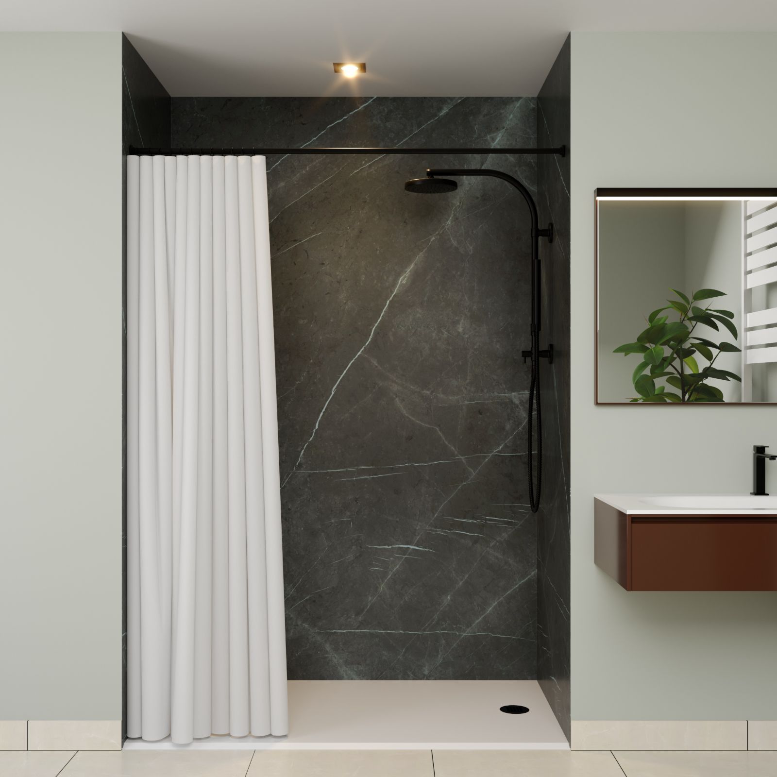 Reef roll-in shower with Pietra Grey porcelain walls, a curtain rod, and white low-profile pan